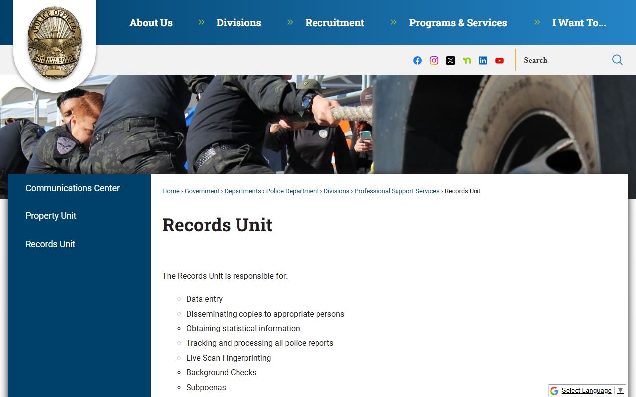 Fontana Police Department records unit contact page and booking information