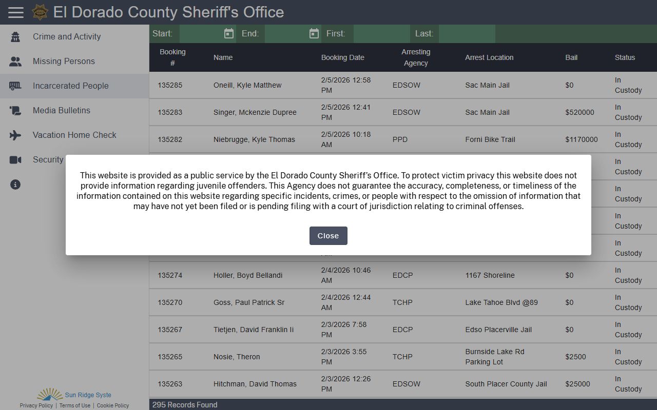 El Dorado County inmate search database