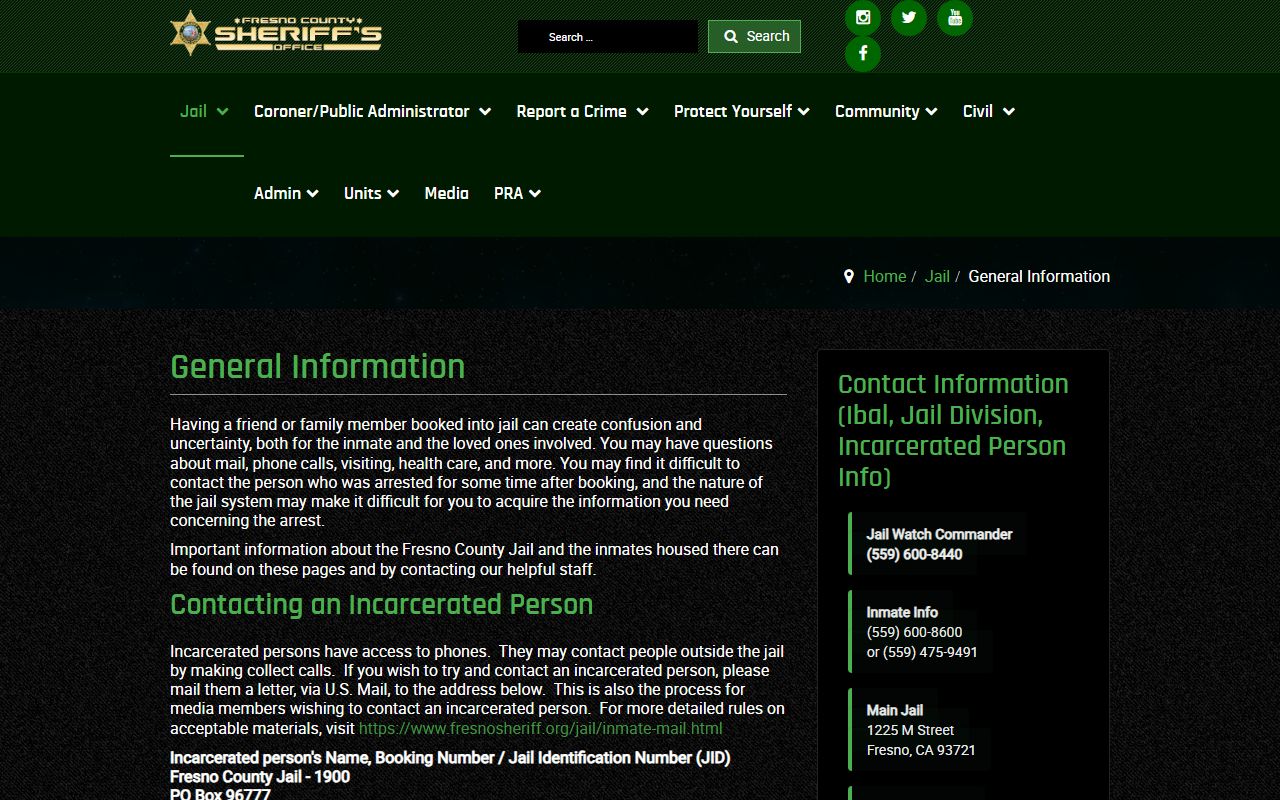 Fresno County Sheriff jail information page