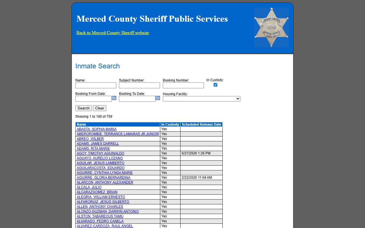 Merced County inmate inquiry database