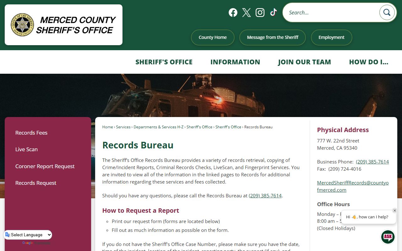 Merced County records bureau page