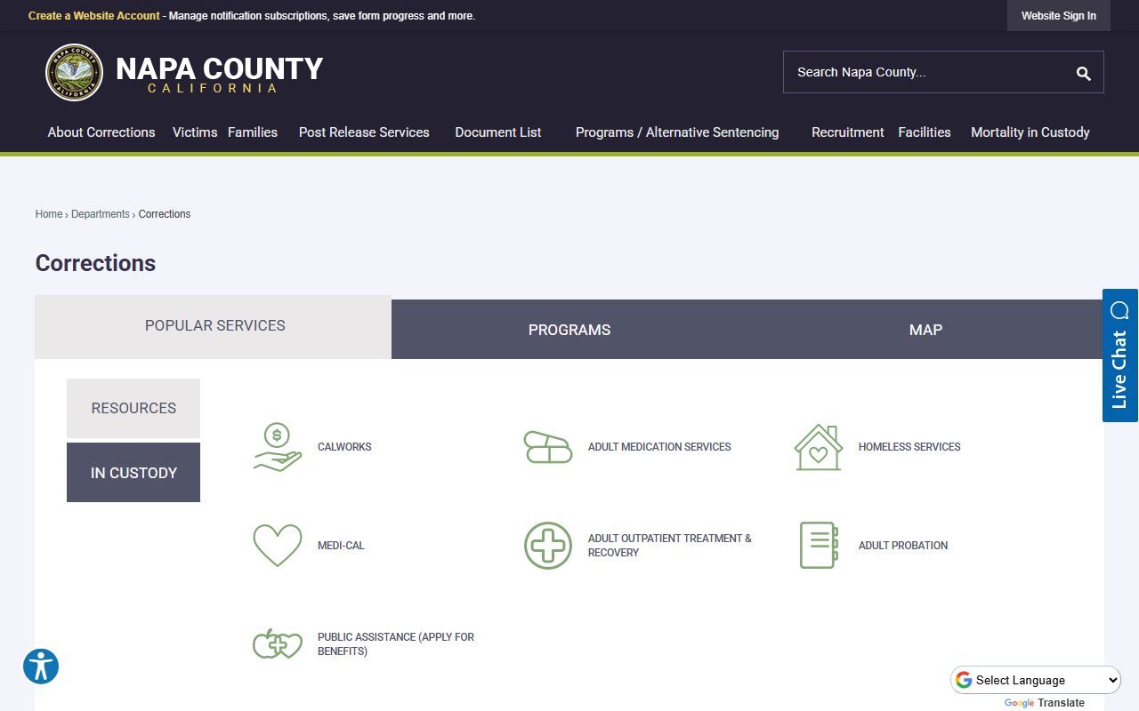 Napa County Corrections information page