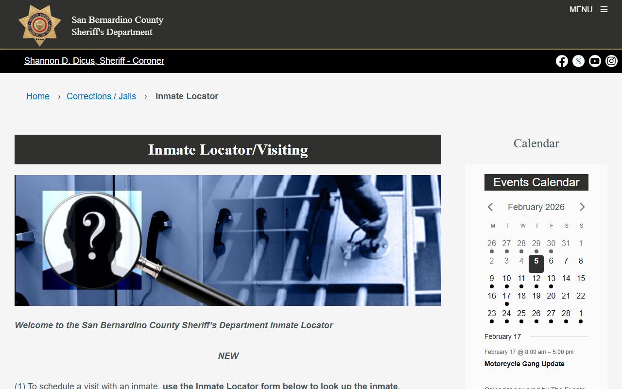 San Bernardino County inmate locator information page