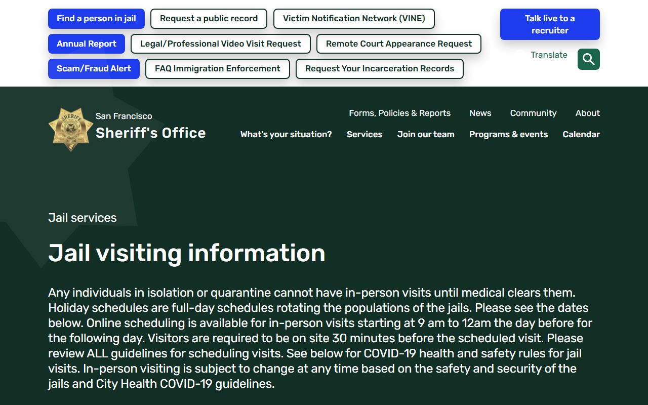 San Francisco Sheriff jail visiting information