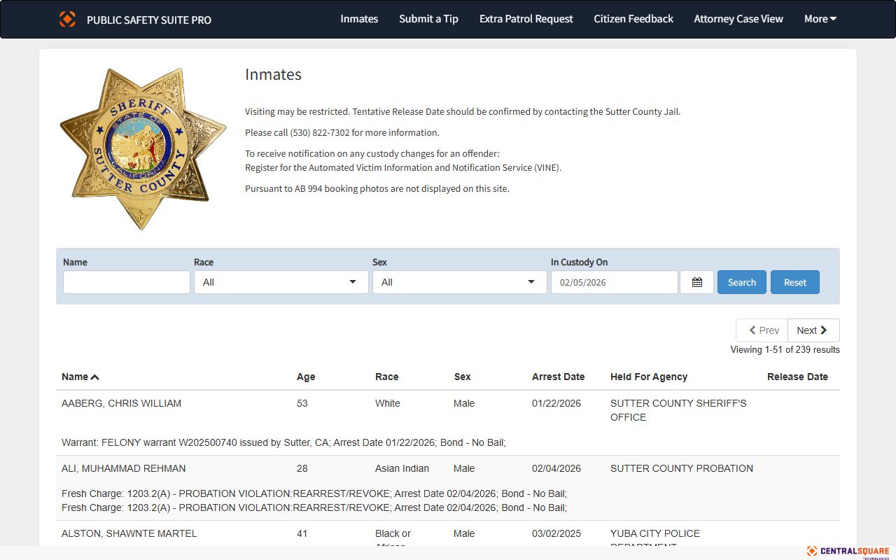 Sutter County inmate search database