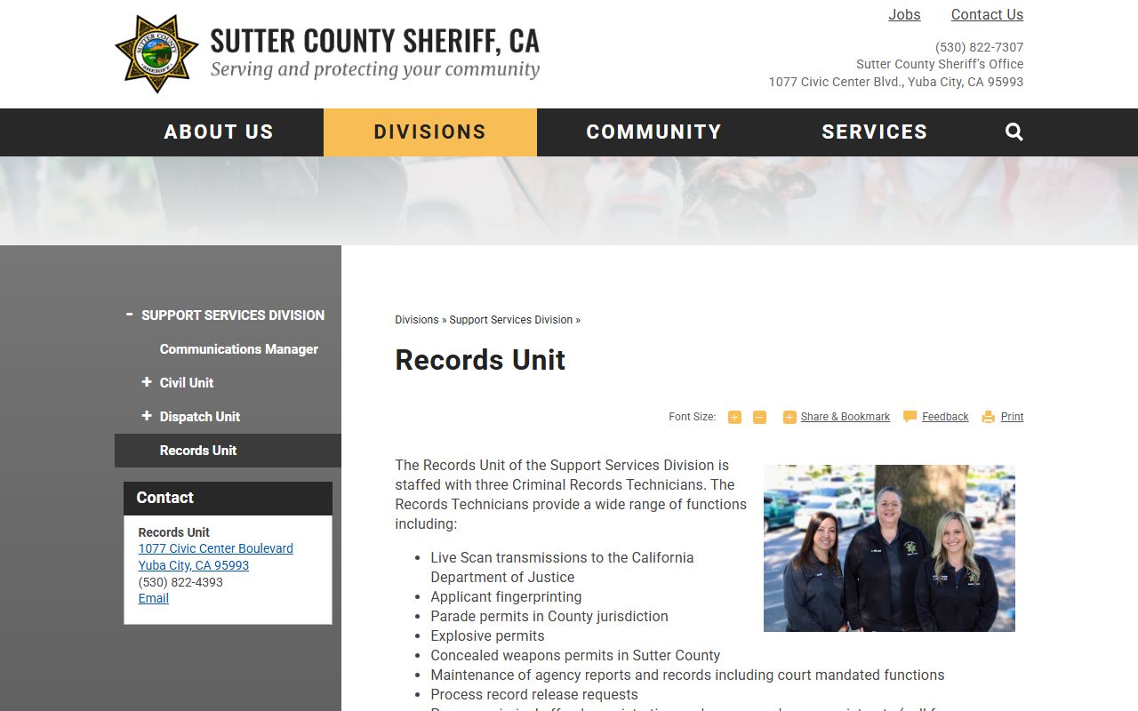 Sutter County Records Unit information page