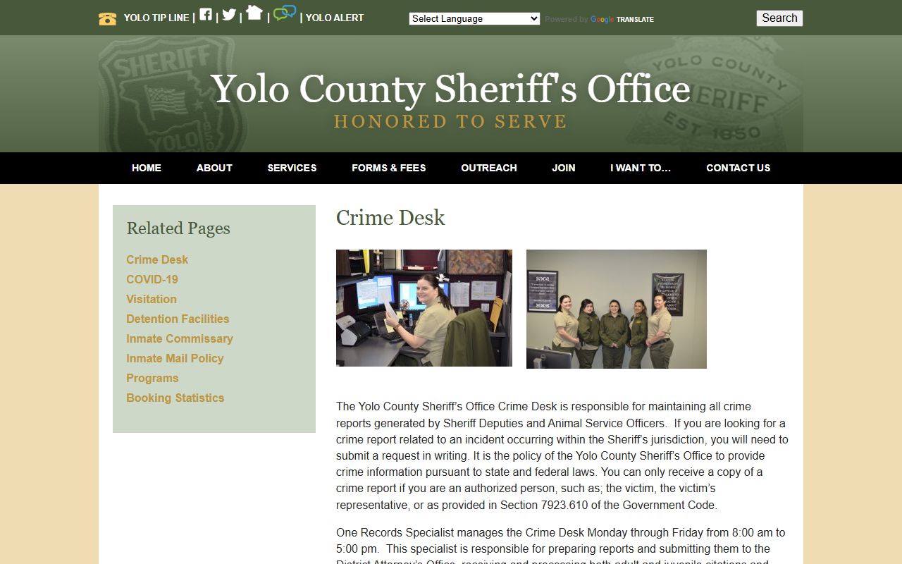 Yolo County crime desk request page