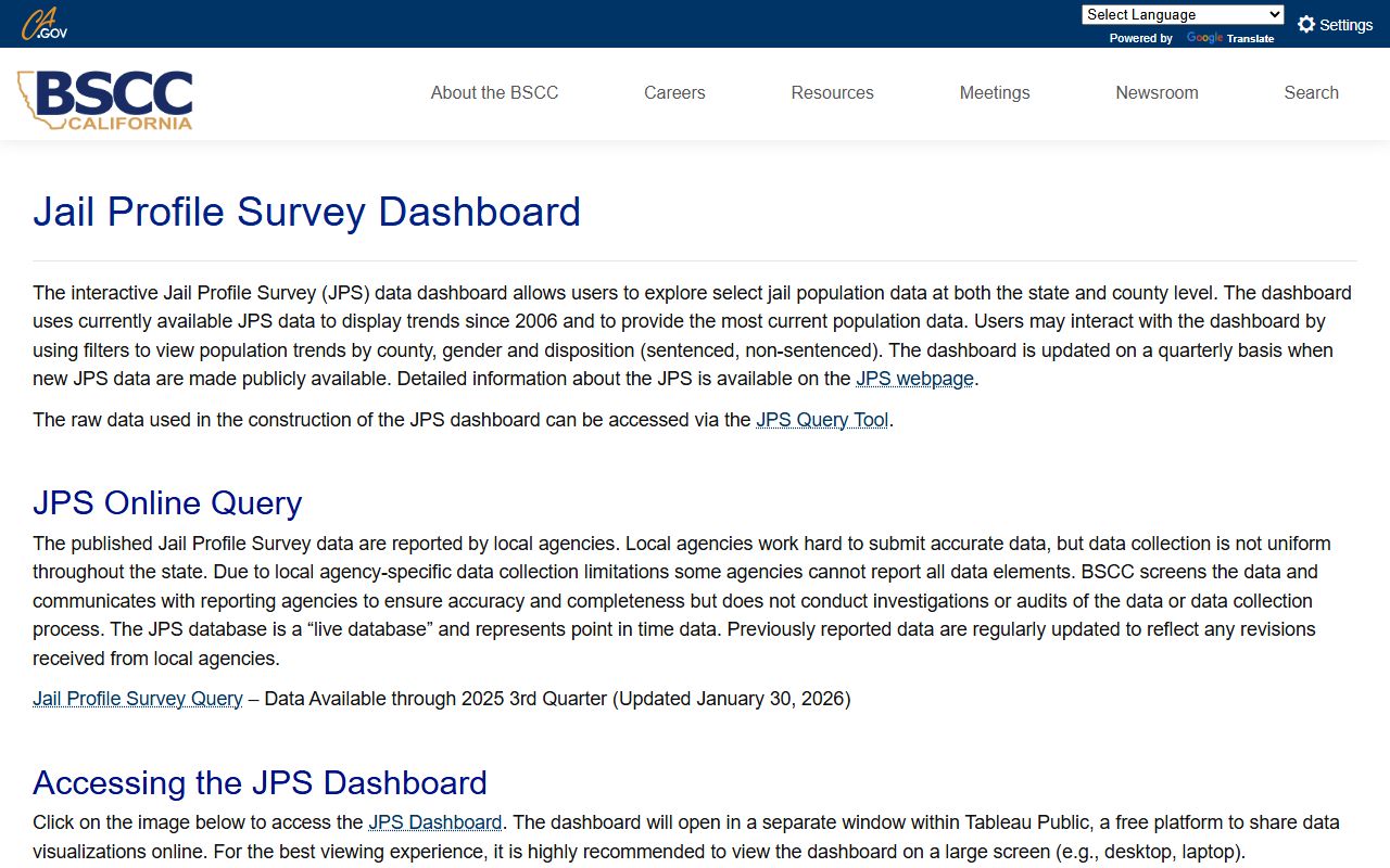 California BSCC Jail Profile Survey dashboard