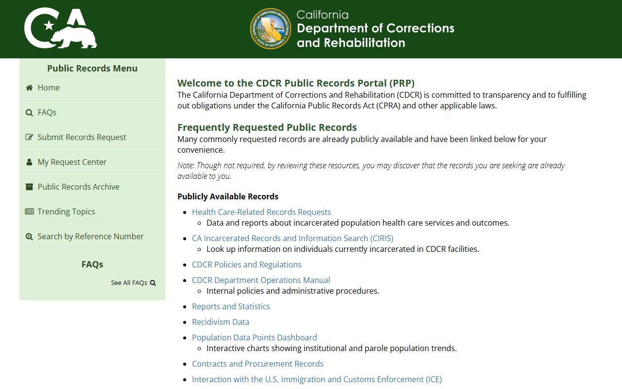 California CDCR public records request portal